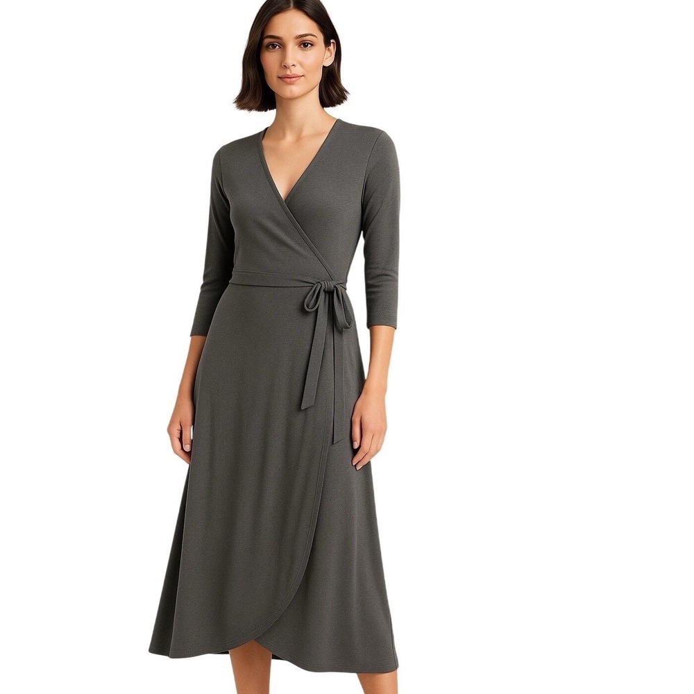 Eileen Fisher‎ Womens Gray Rayon Lycra Wrap Midi Dress 3/4 Sleeve XS F2VF